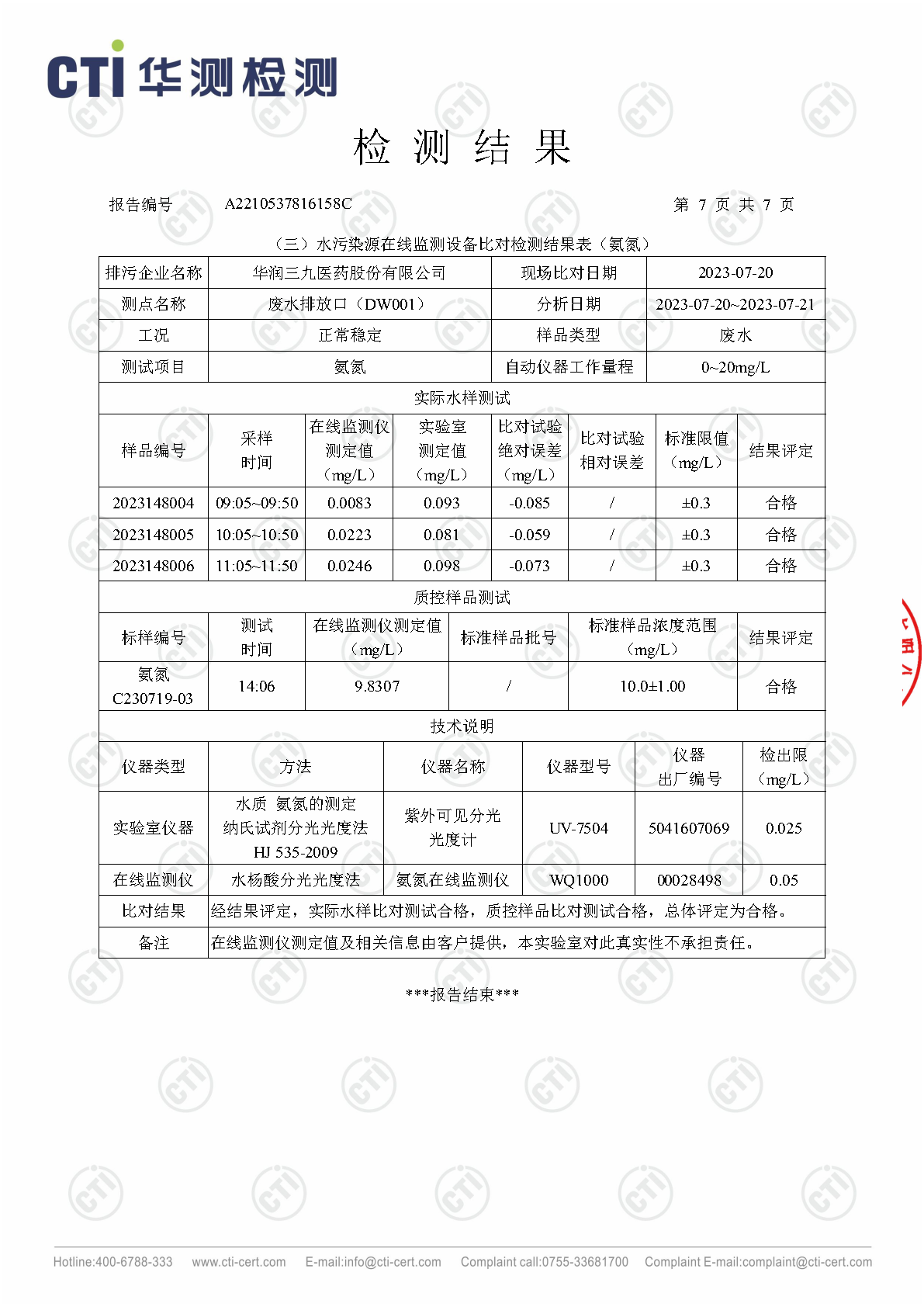 必赢亚洲总部2023年3季度废水在线监测设备比对检测汇报_Page7